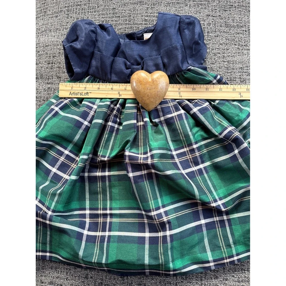 Gymboree Plaid Dress Navy Blue Green Puffy‎ Sleeve Baby Girls 12 18 Months